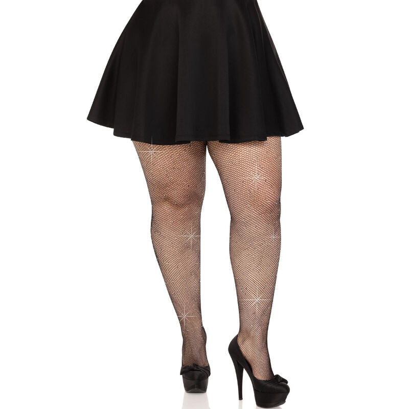 LEG AVENUE - CRYSTALIZED MESH STOCKINGS BLACK PLUS SIZE