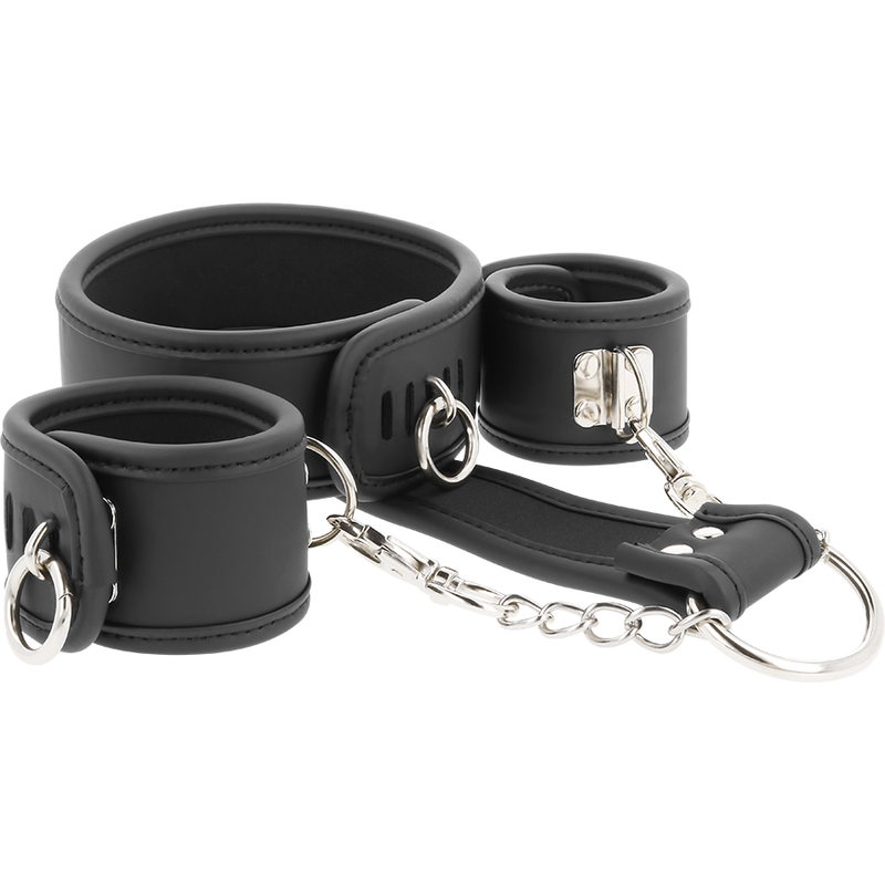 FETISH SUBMISSIVE - VEGAN LEATHER NECKLACE AND HANDCUFFS WITH NOPRENE LINING